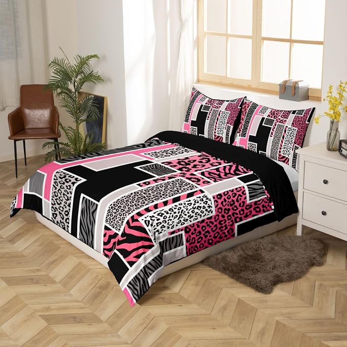 Erosebridal Leopard Print Toddler Duvet Cover Cheetah Zebra Skin Print Bedding Set Pink Black Animals Fur Rustic Comforter Cover for Kids Teen Adults,Geometric Square Patchwork Bed Set