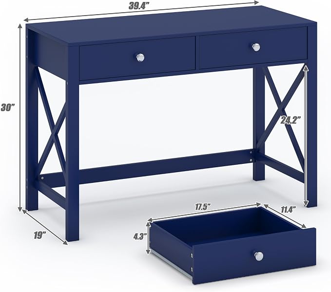 WiberWi Home Office Desk with Drawers, Modern Writing Computer Desk for Bedroom, Small Makeup Vanity Table Study Table for Home Office,Navy