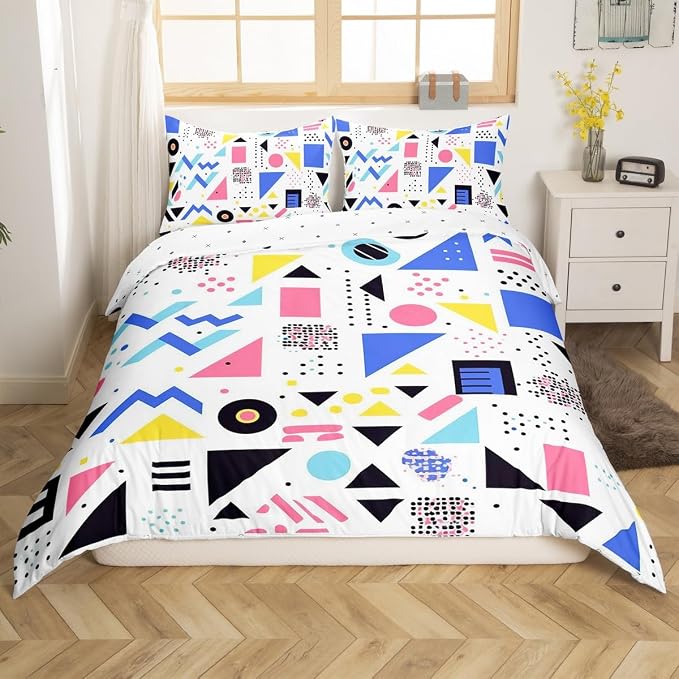 Memphis Style Duvet Cover Full Abstract Colorful Design with Dots Funky Bedding Set for Kids Child Girls Vintage Eighties Comforter Cover Memphis Fashion Bed Sets 80'S Style Retro 1980s Home Decor