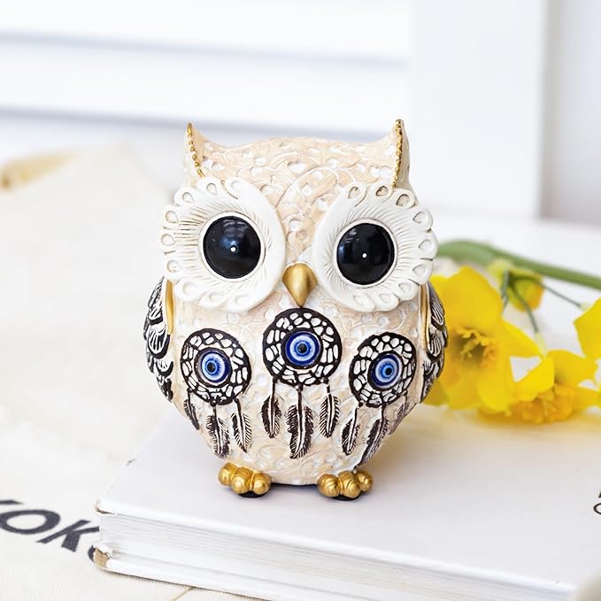 Owl Statue Home Decor Accents with Evil Eye.White Decor for Bookshelf, Bedroom, Living Room, Office, Table and Shelf. Vintage Owl Figurines Gifts for Birds Lover.Cute Small Animal Sculptures.