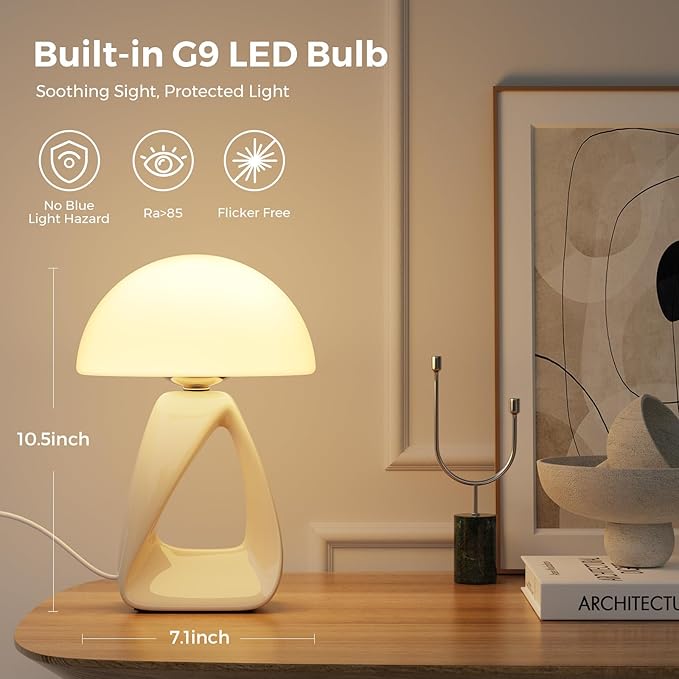 Mushroom Lamp, Small Table Lamp for Bedroom, Creative Geometric Ceramic Base Bedside Lamp, Mid Century Modern Side Table Lamp for Living Room Nightstand, Unique Aesthetic Home Decor Gift Ideas, White