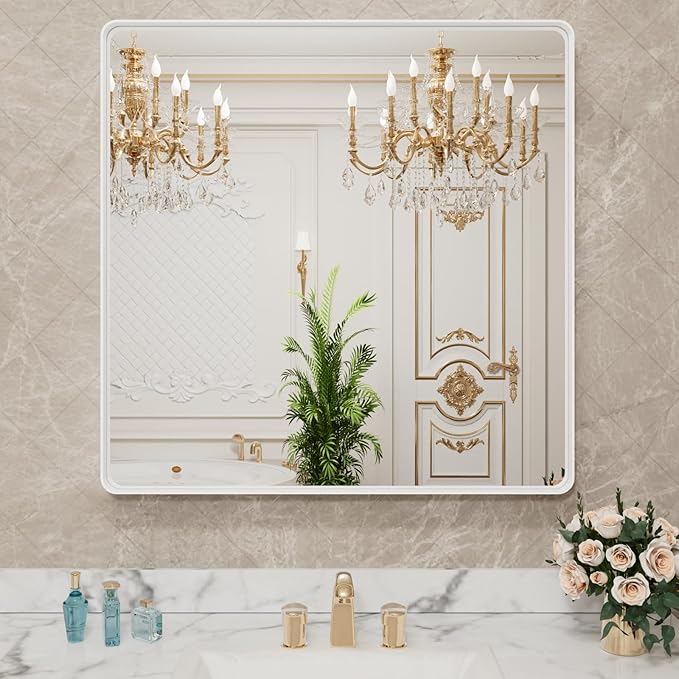 LOAAO 36x36 Inch White Metal Framed Bathroom Mirror for Wall, White Bathroom Vanity Mirror Farmhouse, Large Rounded Rectangle Mirror, Anti-Rust, Tempered Glass, Hangs Horizontally or Vertically