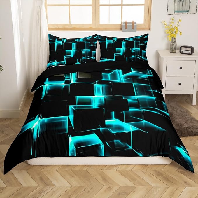 Erosebridal Modern Kids Duvet Cover, 3D Plaid Square Print King Size Bed Cover for Teen Boys, Black and Teal Soft Microfiber Bedding Sets for All Seasons, 3 Piece