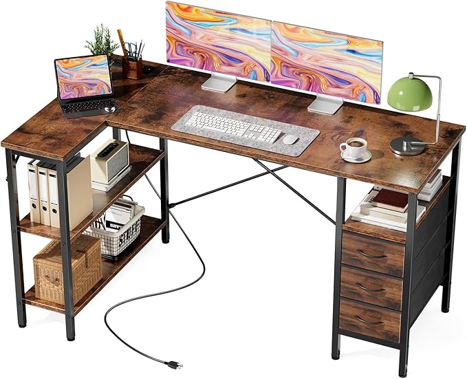DUMOS L Shaped Desk with Shelf Drawers 55 Inch, Brown Corner Computer Desks Gaming with Power Outlet, Study Table with Adjustable Shelves, Home Office Tables for Bedroom Teacher Reading Writing