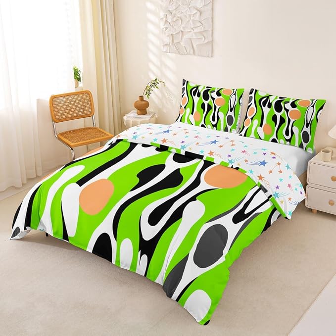 Organic Geometric Duvet Cover Set Modern Abstract Girl Toddler Bedding Set for Kids Teens Child Retro Mid Century Comforter Cover Modern Fluid Art Irregular Circles Bed Sets,Lime Green Peach