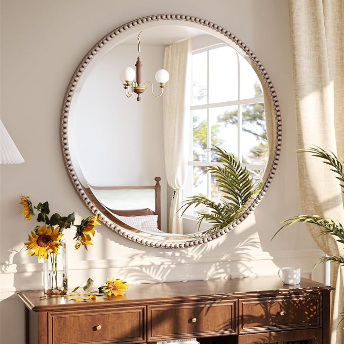 24 Inch Round Bathroom Mirror - Luxurious Retro Beaded Circle Decorative Wall Mirror with PU Frame Hanging Leaning as Art Decor for Entryway, Bedroom, Living Room, Hallway, Silver