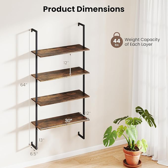 Tangkula 4-Tier Bookshelf, Wall-Mounted Open Bookcase with Metal Frame, Industrial Display Storage Ladder Shelf for Study, Living Room & Kitchen (2, Brown)