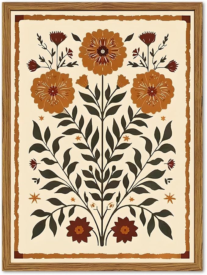 Framed Vintage Mexican Floral Wall Art, Boho Flower Pictures Wall Decor, Folk Marigolds Botanical Paintings Canvas Prints Rustic Home Decor for Living Room Bedroom 16x24 inch