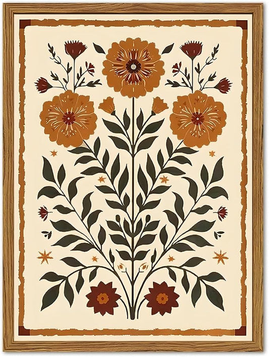 Framed Vintage Mexican Floral Wall Art, Boho Flower Pictures Wall Decor, Folk Marigolds Botanical Paintings Canvas Prints Rustic Home Decor for Living Room Bedroom 16x24 inch