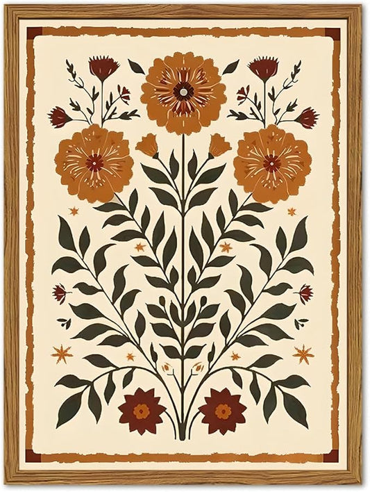 Framed Vintage Mexican Floral Wall Art, Boho Flower Pictures Wall Decor, Folk Marigolds Botanical Paintings Canvas Prints Rustic Home Decor for Living Room Bedroom 12x16 inch