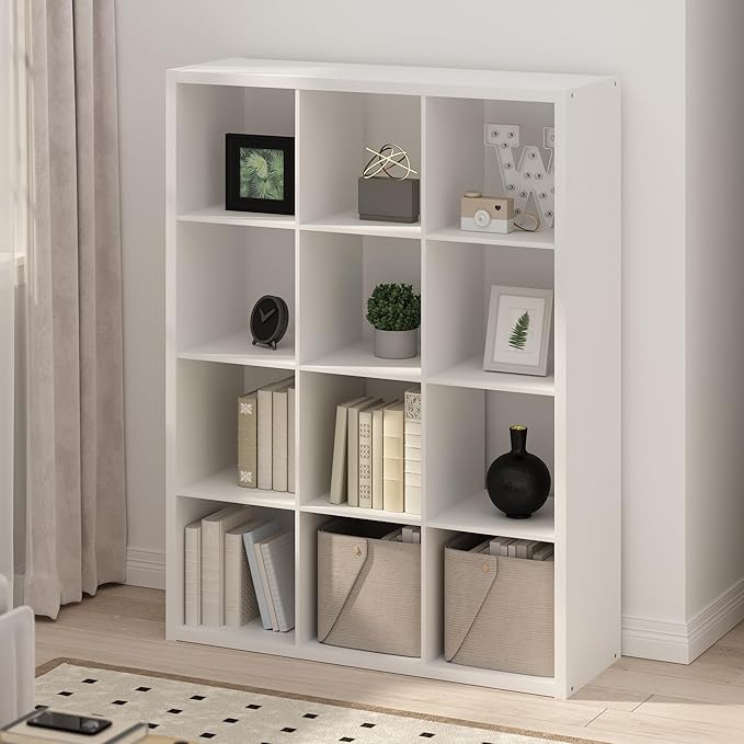 Furinno Simple Cube Storage Organizer, 12-Cube Display Shelf, Open Back Shelving Unit, Storage Shelves, Extra Thick Frame, for Organization and Storage, Living Room, Home Office, White