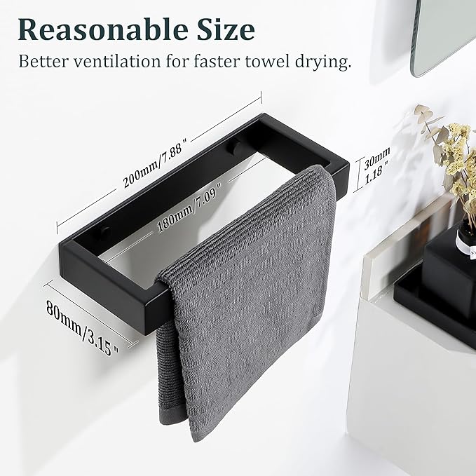 Sayayo Mate Black Towel Bar for Bathroom Wall, 8 Inch Hand Towel Holder, Screw or Self Adhesive Towel Ring Square SUS304 Stainless Steel, 3.2 Inch Wider Design