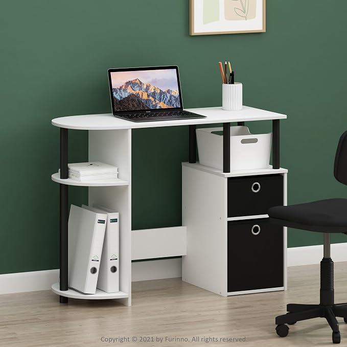 Furinno Jaya Desk, 38.4" Wide Gaming Desk with Bin Drawers, Computer Desk with Side Shelf, Office Desk for Study, Home Office, Bedroom, Dorm, Study Room, White