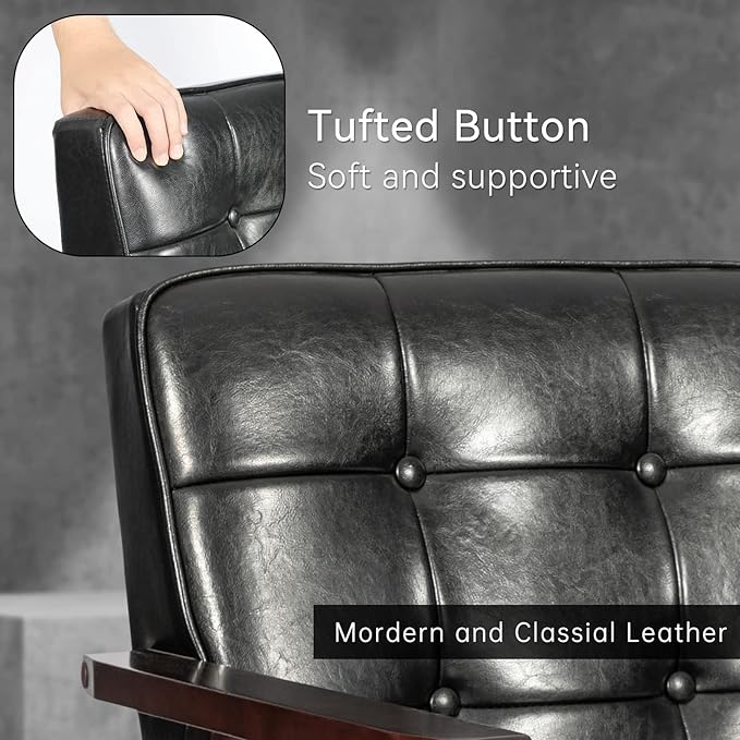 Okeysen Mid Century Modern Accent Chair, Retro Wood and Leather Armchairs Side Chair, Lounge Reading Comfy Arm Chair for Living Room, Bedroom, Office (Black)