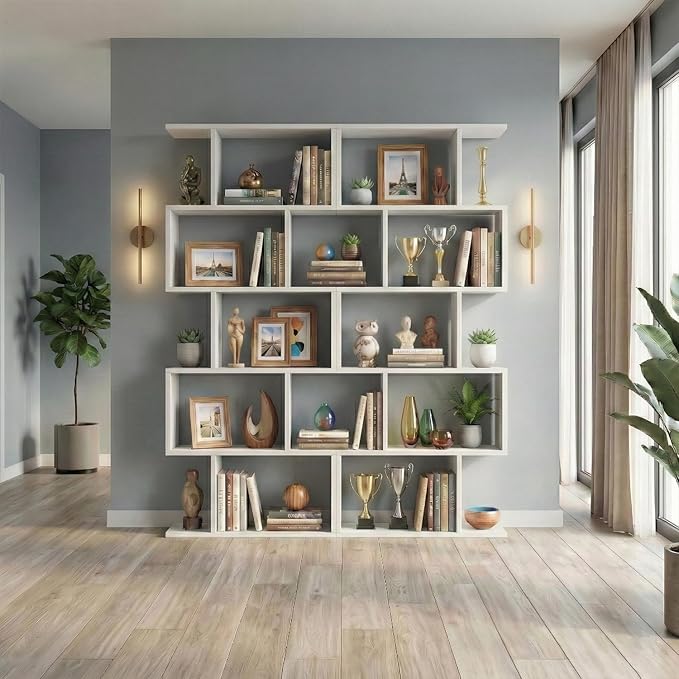 5-Tier Geometric Bookcase (Set of 2), 62.6" Tall S-Shaped Bookshelf & Room Divider, Modern White Freestanding Display Shelving Unit for Living Room, Hallway, Home Office