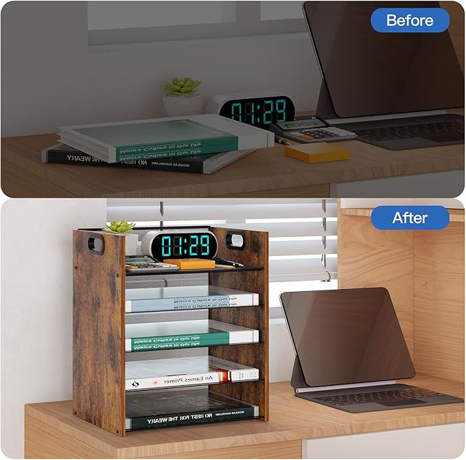 5 Tier Wood Paper Organizer for Desk, Metal Office Organizer and Accessories with Handle, Mesh File Holder for Desk, File Cabinets for Home Office, School