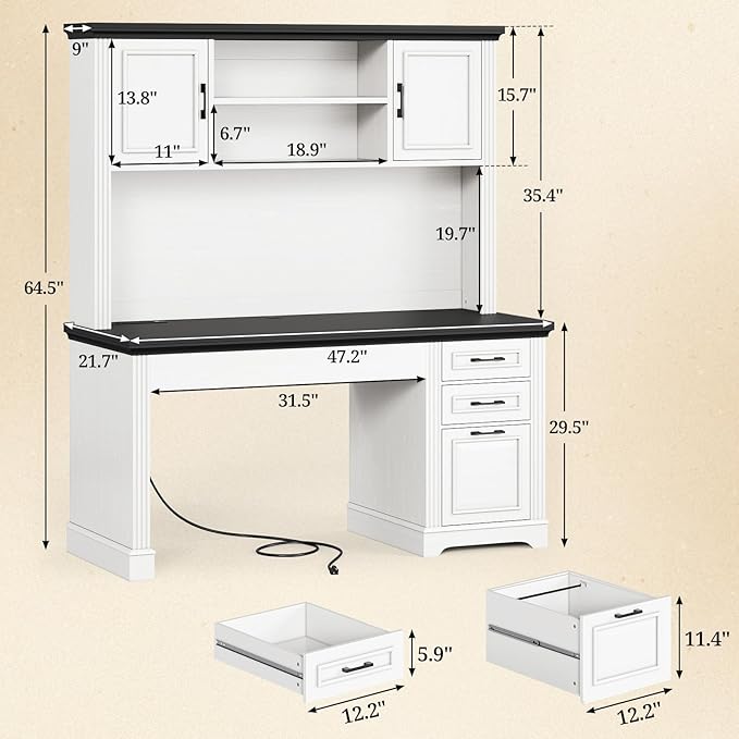 SEDETA Farmhouse Computer Desk with Hutch and 3 Drawers, 47.2" Executive Office Desk with Storage Drawers, Wood Desk with Power Outlet for Home Office, White
