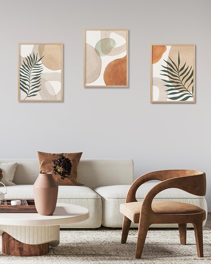 HesenDot Unframed Neutral Boho Wall Art Set of 3, 12x16in Botanical Leaves Abstract Geometric Canvas Posters, Minimalist Modern Aesthetic Wall Decor for Bedroom Living Room Home, Unframed