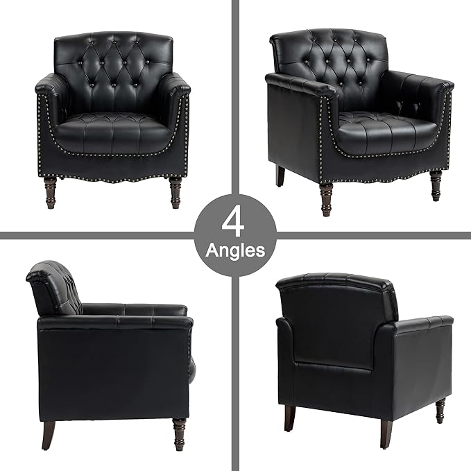 Lumibee Faux Leather Armchairs, Contemporary Accent Chairs Set of 2 with Nailhead Trims & Wood Legs for Living Room, Upholstered Comfy Arm Chairs for Office,Bedroom-Black