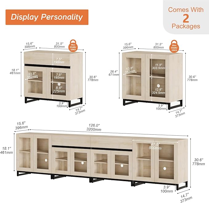 WAMPAT 4 in 1 Storage Cabinet with Glass Doors, Modern Sideboard with Adjustable Shelves and 2 Drawers, Coffee Bar Cabinet with Metal Baes for Living Room, Kitchen, Light Oak
