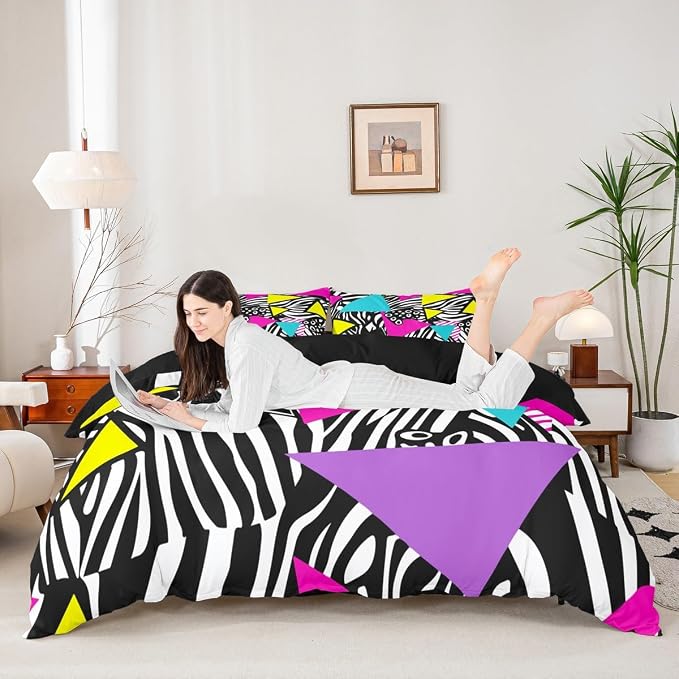 Leopard Print Bedding Set Queen Size Wild Animal Skin Black and White Duvet Cover,Vintage 80s 90s Memphis Comforter Cover Mens Hipster Hip-Hop Geometric Quilt Cover Wildlife Fur Spot Room Decor