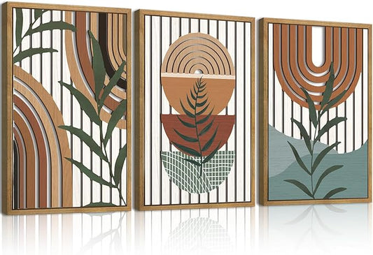 DRACIT Large Boho Mid century Wood Wall Art Set,Modern Geometric Leaves Artwork Bohemian Wall Sculptures,Abstract Minimalist Wooden Wall Decor for Living Room Bedroom Office-16 x24 x3