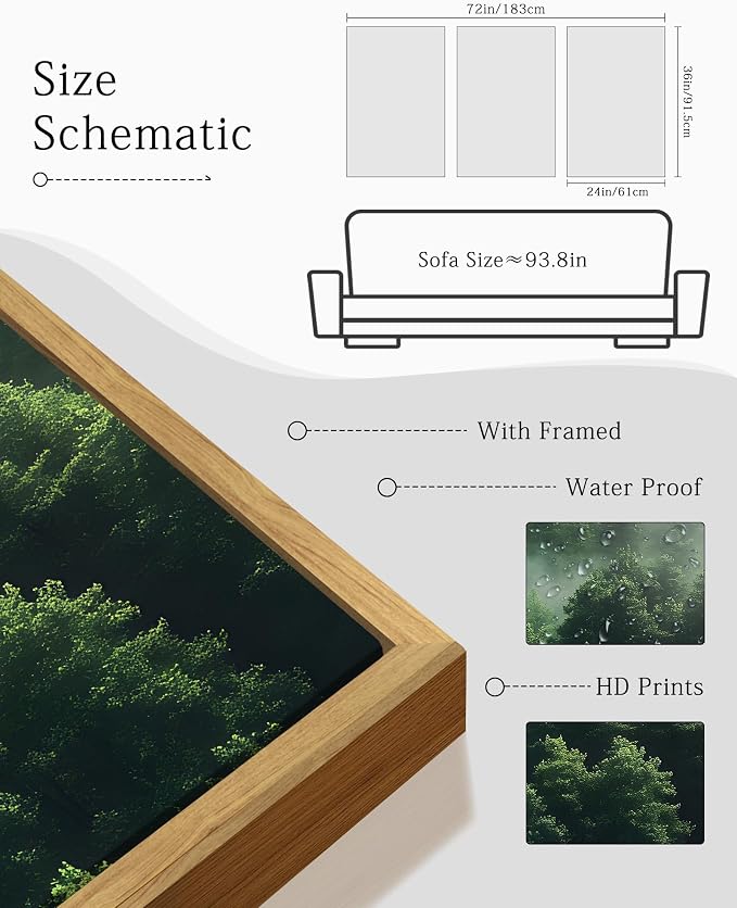 KUVIOKE Green Fog Pine Tree Framed Wall Art Nature Nordic Misty Forests Artwork Morden Painting Bedroom Decor 24x36in (Natural Framed)