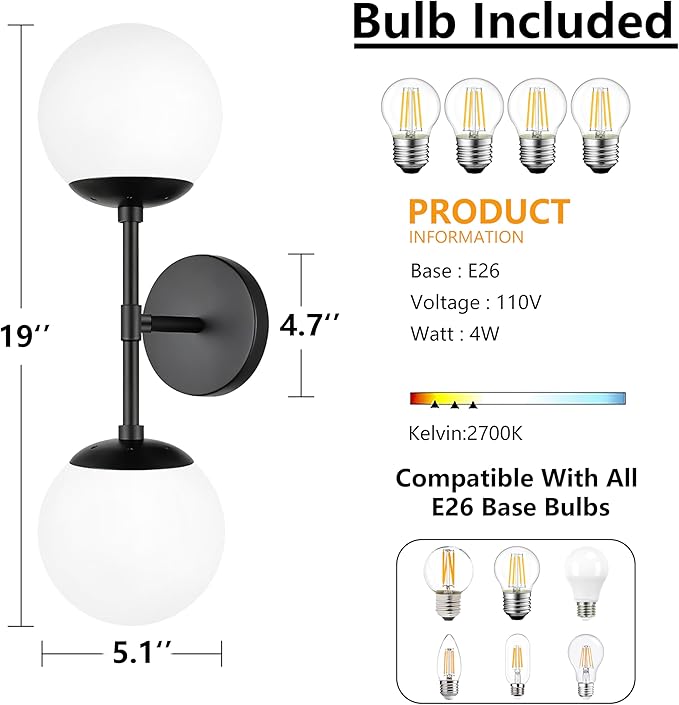 KoKo&Yukina 2 Pack Matte Black Interior Vanity Light Fixtures Mid Century Modern Bathroom Vanity Light Globe Sconce Vanity Lights with Clear Glass for Bathroom (Bulb Incl.)