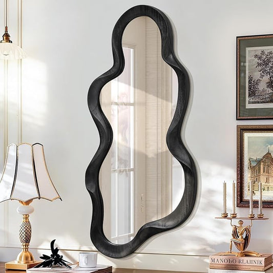 Irregular Wooden Framed Wall Mirror Modern Asymmetrical Cloud Hanging Mirror Artistic Mirror Decor Bathroom Vanity Bedroom Living Room Entryway Hallway Large 47" x 22" Black
