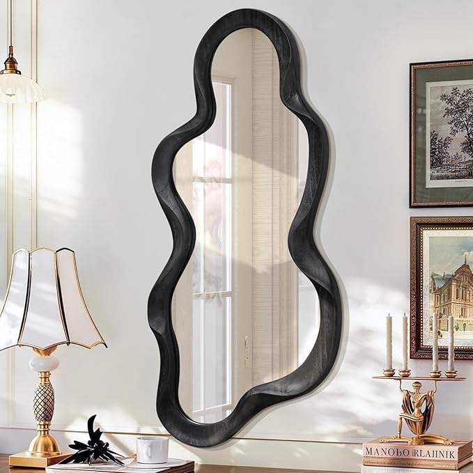 Black Asymmetrical Mirror for Wall Irregular Wood Frame Mirrors Modern Artistic Wavy Wall Mirror Decorative Vanity Bathroom Living Room Bedroom Entryway Hallway Cute and Stylish Cloud Mirror Large