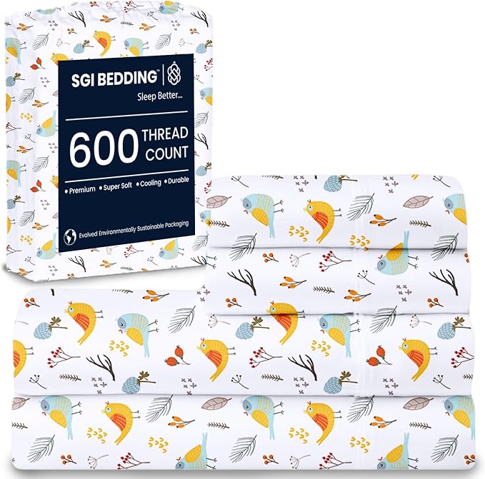SGI bedding 100% Egyptian Cotton Sheets Twin Size – 600 Thread Count Sheets Set, Soft, Cooling, 15" Deep Pocket, Luxury Hotel Bedding, Breathable, Durable - Spring Bird