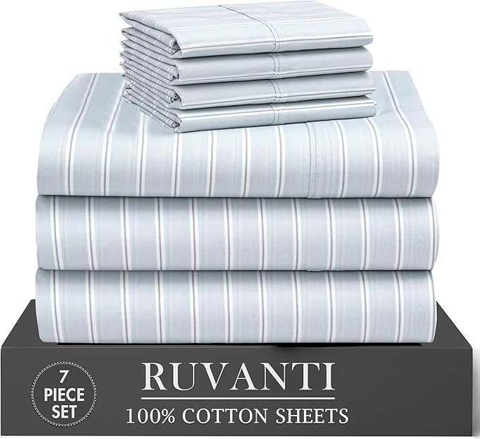 RUVANTI 100% Cotton Percale Sheets Split King Size 7 Piece Set, Cooling Bed Sheets for Hot Sleepers, Deep Pocket 16”, Breathable Lightweight & Durable, Crisp Hotel Style Sheets, Horizon Stripes