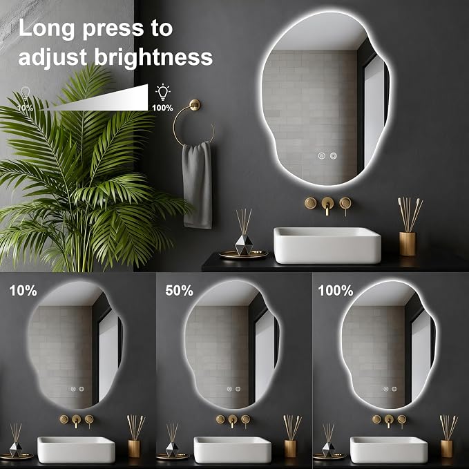 Asymmetrical Bathroom Mirror with Lights,Irregular LED Bathroom Vanity Mirror with Backlit,Anti-Fog,3 Colors and Dimmable Light with Memory,Hardwired Supported[Horizontal/Vertical] 30" H x 22" W
