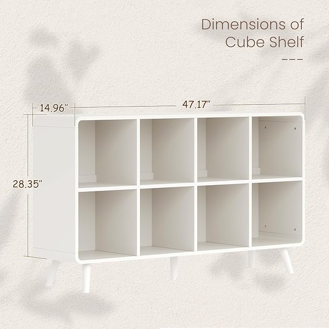 EXPERLAM White 8 Cube Storage Organizer with Legs and Rounded Edges, Mid Century Cube Bookshelf, Low Horizontal Cube Shelf Bookcase for Living Room, Bedroom, Entryway