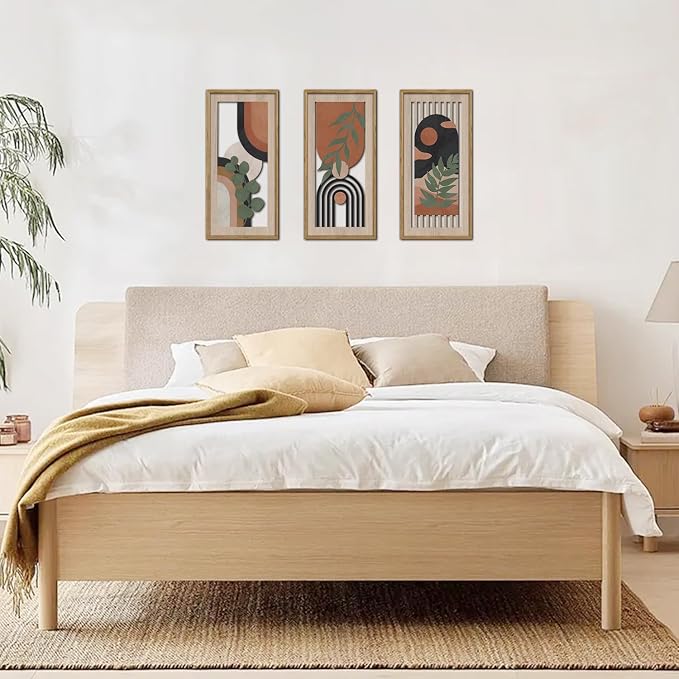 HPNIUB 3 PCS Boho Wall Decor, Minimalist Mid Century Sun Geometric Line Hanging Wood Sign for Living Room, 8x16Inch Modern Botanical Leaf Wooden Plaque for Apartment Bedroom Office Decoration