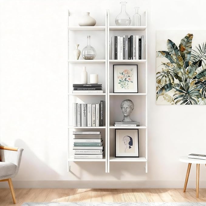 5 Tier Industrial Ladder Bookshelf 15.74" Dx9.44 Wx62.99 H, Wall Mounted Bookcase with Metal Frame for Home Office, Living Room, Study，White
