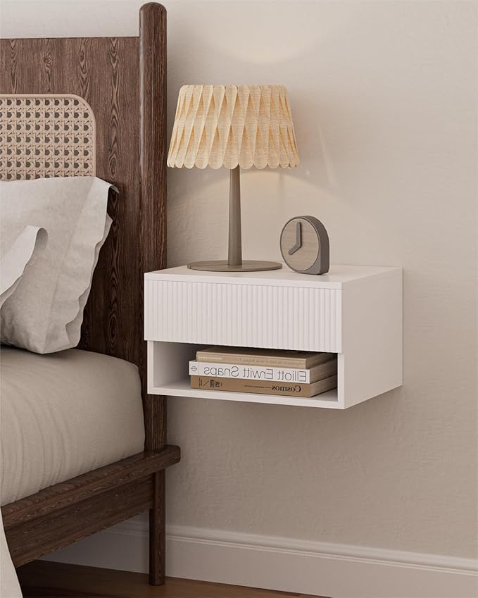 Modern Small Nightstand with Drawer, Floating Shelves for Bedroom, Bathroom (White Stripe)