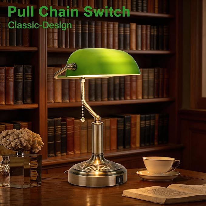 Vintage Bankers Lamp, Green Glass with Antique Brass Finish, USB & Type-C Charging Ports, Pull Chain Desk Lamp for Home Office, Piano, Library (Green)
