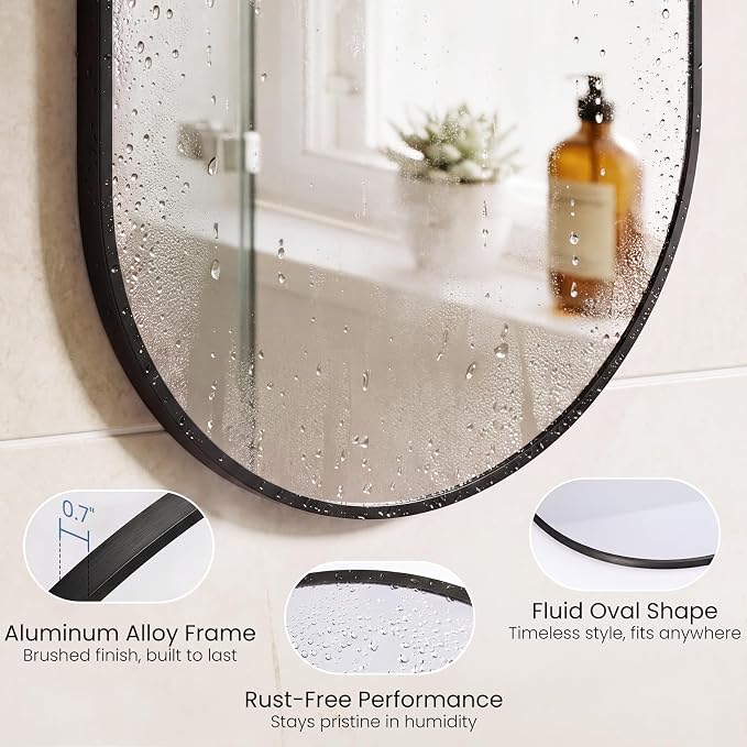 Sweetcrispy 20" x 30" Black Bathroom Mirror for Wall, Oval Wall Mirrors with Metal Frame, Tempered Glass, Modern Vanity Mirror for Over Sink, Living Room, Bedroom, Entryway, Horizontal or Vertical