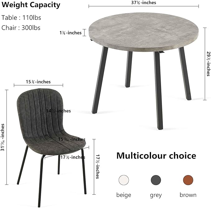 NORDICANA 4-Person Round Dining Table Set, 5 Piece 37.4 Dia Grey Kitchen Table with Dining Chairs, Dark Gray Faux Leather