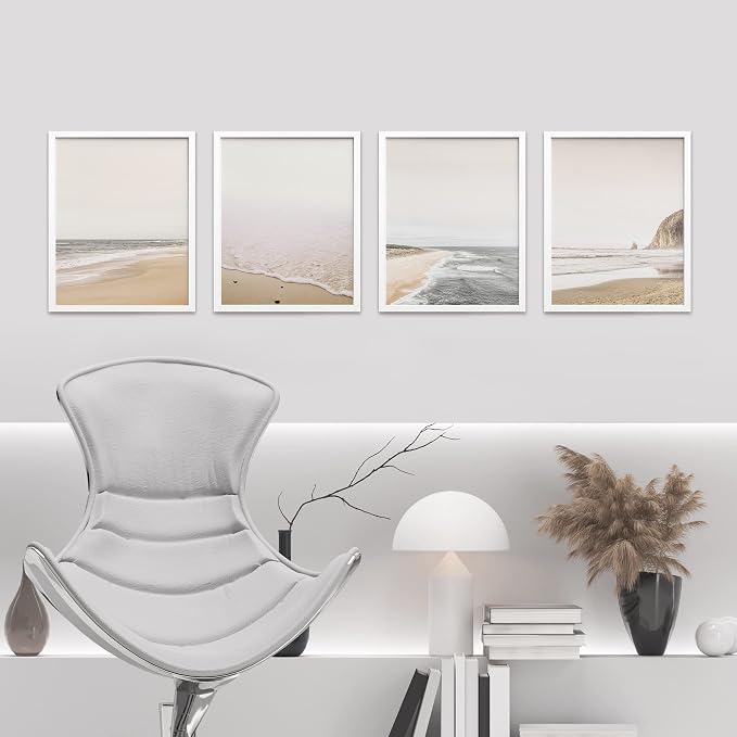 SIGNWIN Framed White Minimalist Ocean Beach Seashore Scenic Wall Art, Set of 4 Landscape Colorful Wall Decor Prints, Nature Wilderness Wall Décor for Living Room, Bedroom - 8"x10" White