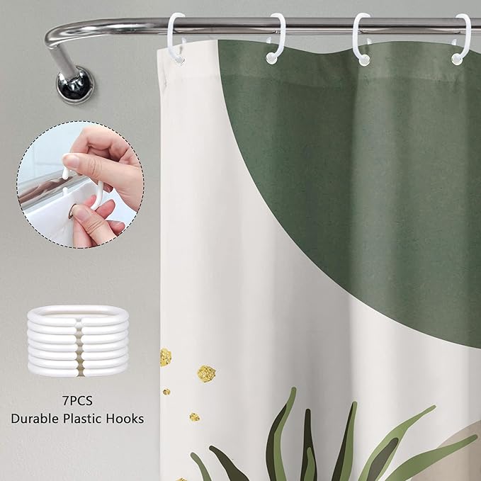 Small Stall RV Shower Curtain 36Wx72H Half Single Green Modern Boho Mid Century Abstract Gold Leave Grey Plant Bathroom Decor Minimalist Arch Aesthetic Bath Curtain Polyester 7 Pack Hooks