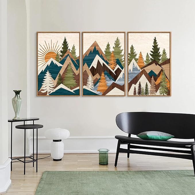 Tinonedraw Large Mountain Framed Canvas Wall Art, Boho Rustic Sunrise Forest Wall Decor, Vintage Woodsy Nature Art Painting, Modern Wilderness Trees Art Print for Living Room Bedroom Office 24"x36"x3