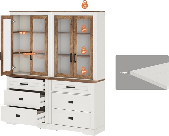 WAMPAT 2 Column 73.3" Tall Bookcase with Glass Door, 63" Wide Rustic Wood Bookshelves with Chest of Drawers, Modern Farmhouse Display Storage Cabinet with Adjustable Shelves for Home,Office,White&Oak