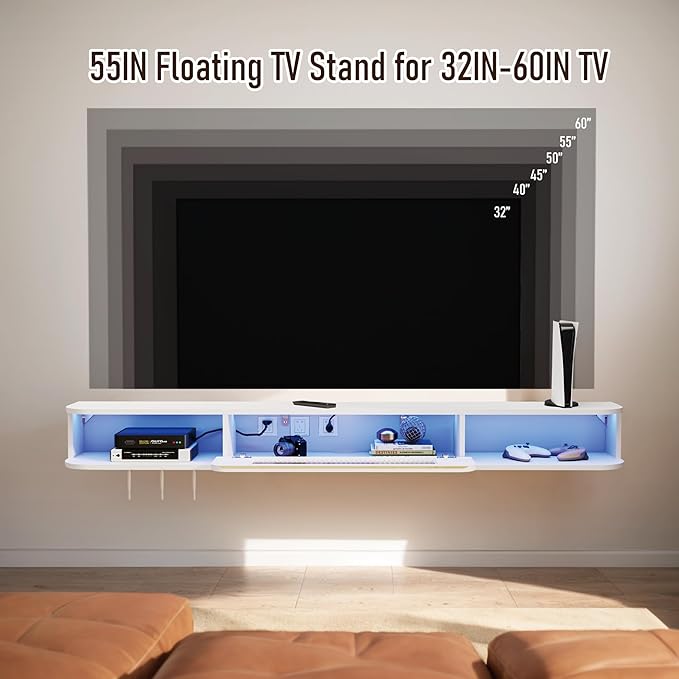 Floating TV Stand with LED Lights, 55'' Solid Wood Wall Mounted TV Cabinet with Glass Door, Mid-Century Entertainment Media Console Center Large Storage Shelf Under TV (55.11IN, White)