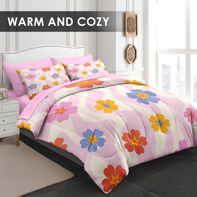 Pamnest Comforter Set Queen Size, Retro Daisy Pink 7 Pcs Bedding for Kids and Adults, Hippie Aesthetic Kids Bed Sheet Sets with Fitted Sheet 2 Pillowcases & 2 Shams for Bedroom Bed Decor