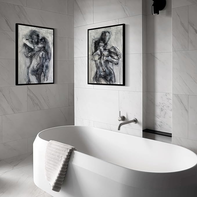 2Pcs Framed Black and White Bathroom Canvas Wall Art Abstract Nude Prints Couple Modern Gallery Style Painting Pen sketch Posters Decorations Bedroom Living Room Bathroom 16x24 Inch Ready to Hang