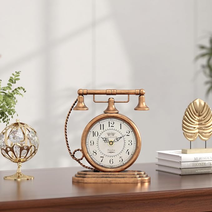 Vintage Table Clock, Desk and Shelf Decor Clock, Gold Antique Telephone Style Mantel Clocks, for Living Room, Farmhouse, Bedroom, Bedside, Gift (7.3" H x 7.3" W)