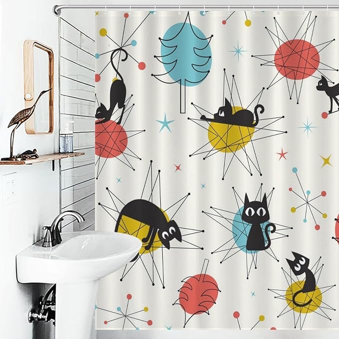 Cats Shower Curtains Black Cat Retro Atomic Christmas Pattern Duty Fabric Shower Curtain Set Bathroom Polyester Waterproof with 12 Hooks, 66x72Inch（168x183cm）