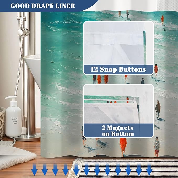 No Hook Shower Curtain with Snap in Liner, Beach Scene Abstract Coastal Art Print, Waterproof Fabric Bath Curtain with See Through Top, Modern Ocean Vibe Bathroom Decor, 71W x 74H